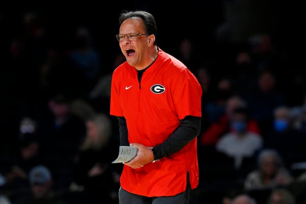 Georgia head coach Tom Crean yells to his players during the first half of an NCAA college basketball game against Vanderbilt, Saturday, Jan. 29, 2022, in Nashville, Tenn. (AP Photo/Mark Zaleski)