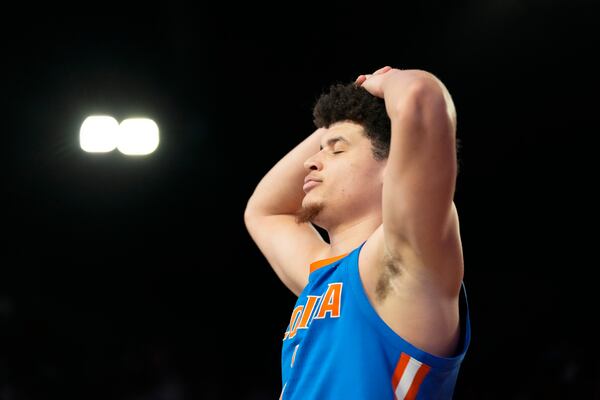 Florida guard Walter Clayton Jr. (1) reacts to getting a foul during an NCAA college basketball game against Georgia, Tuesday, Feb. 25, 2025, in Athens, Ga. (AP Photo/Brynn Anderson)