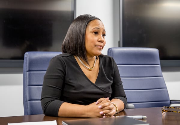 Fulton County's newly elected District Attorney Fani Willis reacts during an interview in a conference room at the Fulton County Courthouse in downtown Atlanta on Thursday, Feb. 18, 2021. (Jenni Girtman for The Atlanta Journal-Constitution)