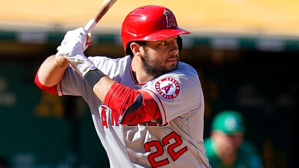 Los Angeles Angels' David Fletcher waits for a pitch while batting against the Oakland Athletics during the seventh inning of a baseball game in Oakland, Calif., Wednesday, Oct. 5, 2022. (AP Photo/Godofredo A. Vásquez)