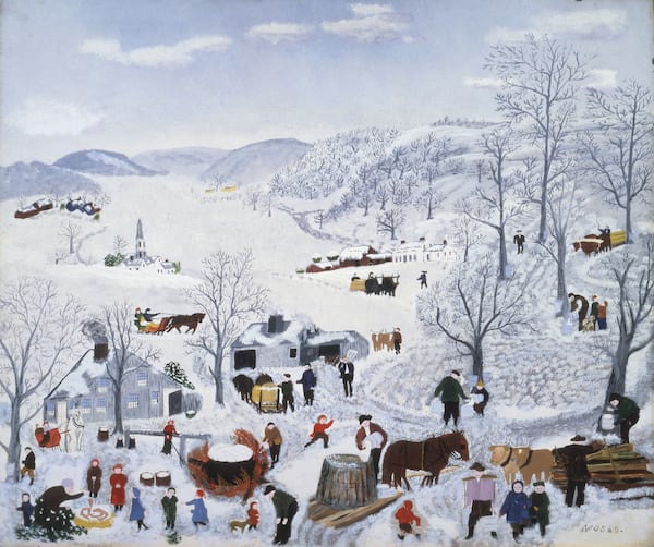 "Sugaring Off" (1943) by Grandma Moses (Anna Mary Robertson Moses).
Courtesy of Galerie St. Etienne, New York. Copyright Grandma Moses Properties Co., New York