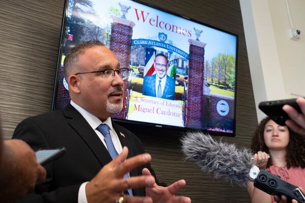 U.S. Secretary of Education Miguel Cardona speaks with journalists during a visit to Clark Atlanta University and Spelman College in Atlanta on Wednesday, July 17, 2024. (Ben Gray / Ben@BenGray.com)