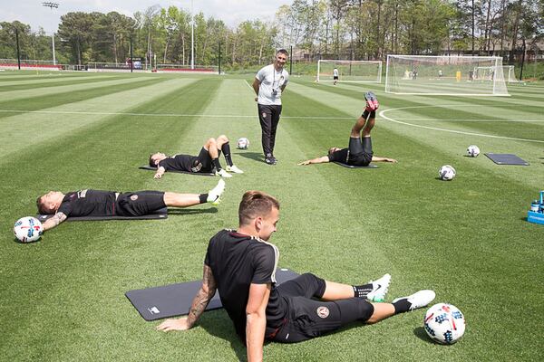 Atlanta United soccer players workout that the new state-of-the-art facility, the Children’s Healthcare of Atlanta Training Ground, after the ground breaking ceremony in Marietta GA Tuesday 11, 2017. STEVE SCHAEFER / SPECIAL TO THE AJC