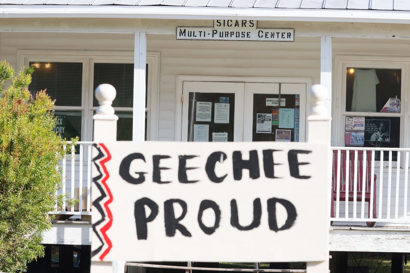 A sign outside Sapelo Island's multipurpose center Tuesday.