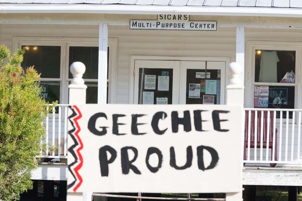 A sign posted in front of a building on Sapelo Island in October.