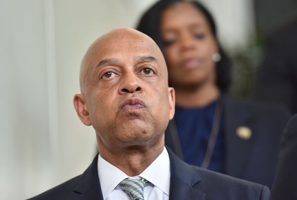 May 12, 2017 Decatur - DeKalb County Sheriff Jeffrey Mann reacts as his attorney Noah Pines speaks to members of the media during a press conference at DeKalb County Sheriff Office on Friday, May 12, 2017. DeKalb County Sheriff Jeffrey Mann, speaking through his lawyer, apologized to his constituents on Friday and said he plans to continue serve in his job. HYOSUB SHIN / HSHIN@AJC.COM