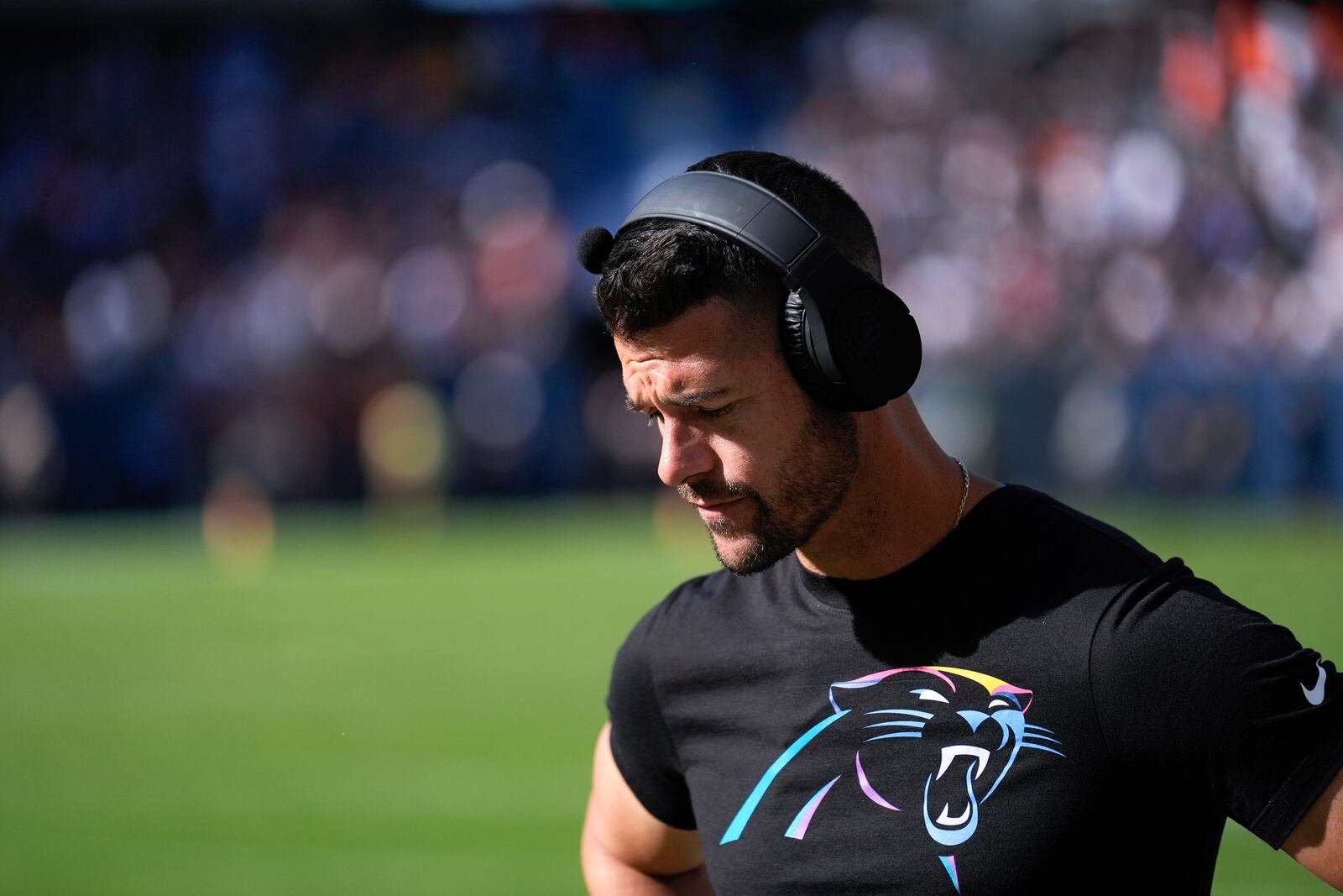 Carolina Panthers head coach Dave Canales looks on in the final moments against the Chicago Bears during the second half of an NFL football game Sunday, Oct. 6, 2024, in Chicago. (AP Photo/Charles Rex Arbogast)