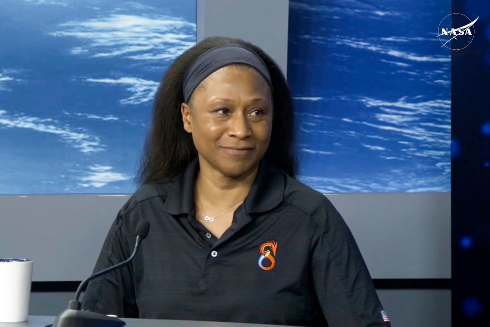 In this image from video provided by NASA, astronaut Jeanette Epps takes part in a news conference at the agency’s Johnson Space Center in Houston on Friday, Nov. 8, 2024. (NASA via AP)