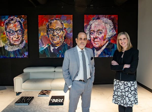 Attorneys Drew Findling, from left, and Marissa Goldberg are in the Findling Law Firm lobby in Buckhead on Wednesday, March 29, 2023.  (Jenni Girtman for The Atlanta Journal-Constitution)