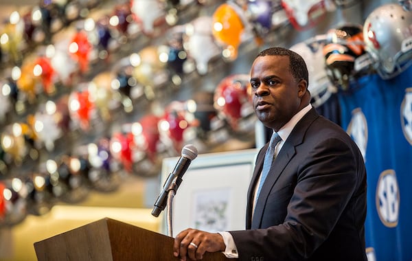 Atlanta Mayor Kasim Reed speaks during a news conference on Tuesday, Sept, 8, 2015, announcing a 10-year deal at the College Football Hall of Fame in Atlanta to play the SEC Championship game at Mercedes-Benz Stadium. (AJC File)