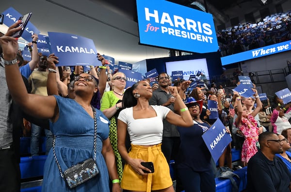 Supporters cheer at a rally for Vice President Kamala Harris at the Georgia State University’s convocation center in Atlanta on Tuesday, July 30, 2024.  It is her first campaign event in Georgia since she became the presumptive Democratic nominee. (Hyosub Shin / Hyosub.Shin / ajc.com)