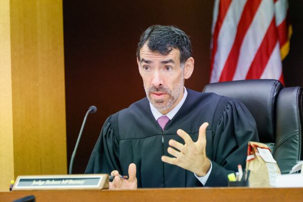 Fulton County Superior Court Judge Robert McBurney presides over the lawsuit’s trial against the State Election Board’s recently approved rule on Tuesday, October 1, 2024. The lawsuit against the State Election Board includes the Democratic National Committee, the Georgia Democratic Party, and Democrats on county election boards.
(Miguel Martinez / AJC)