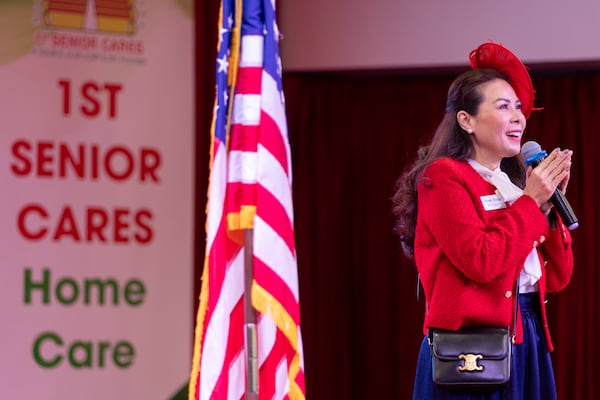 Von Tran, founder of First Senior Center of Georgia, speaks during a Veterans Day ceremony honoring Vietnamese-American veterans at the senior center in Norcross on Monday, Nov. 11, 2024. (Arvin Temkar / AJC)