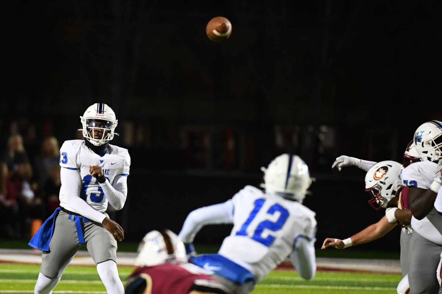 RJ Johnson, quarterback for Westlake, passes to Jabari Jones. (Jamie Spaar for the Atlanta Journal Constitution)