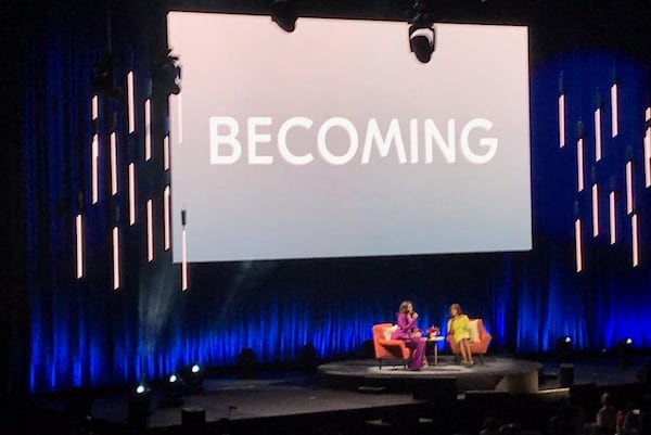 Former first lady Michelle Obama and “CBS This Morning” co-host Gayle King, who will serve as moderator, took the stage on Saturday night, May 11, 2019, at State Farm Arena in Atlanta to discuss Obama's memoir, “Becoming.” (Photo: TYLER ESTEP / AJC)