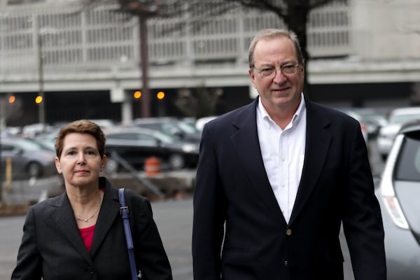 Charles P. Richards, right, a contractor who is later pleaded guilty to conspiracy to commit bribery in order to obtain City of Atlanta contracts, leaves the U.S. District Court with his attorney Lynne Borsuk, Wednesday, Feb. 8, 2017, in Atlanta. BRANDEN CAMP/SPECIAL