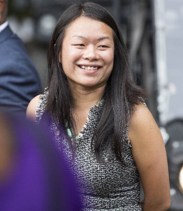 Former Atlanta Parks and Recreation commissioner Amy Phuong during a ground breaking ceremony for the new Westside Park at the Bellwood Quarry in Atlanta, Thursday, September 6, 2018.