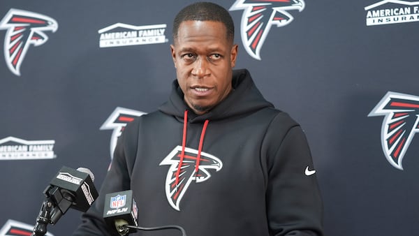 Atlanta Falcons head coach Raheem Morris talks to reporters after an NFL football game, Sunday, Dec. 29, 2024, in Landover, Md. The Commanders won in overtime 30-24. (AP Photo/Stephanie Scarbrough)