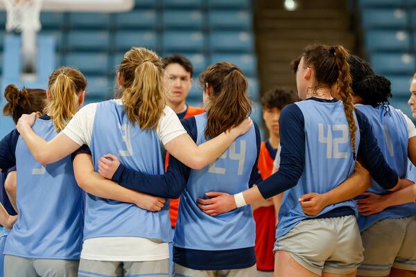 Columbia players huddle together at practice in Chapel Hill, N.C., Wednesday, March 19, 2025, before their First Four basketball game in the NCAA Tournament against Washington on March 20. (AP Photo/Nell Redmond)