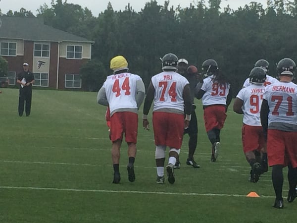 Falcons first-round pick Vic Beasley (44) was at OTA despite being unsigned. (D. Orlando Ledbetter/dledbetter@ajc.com)