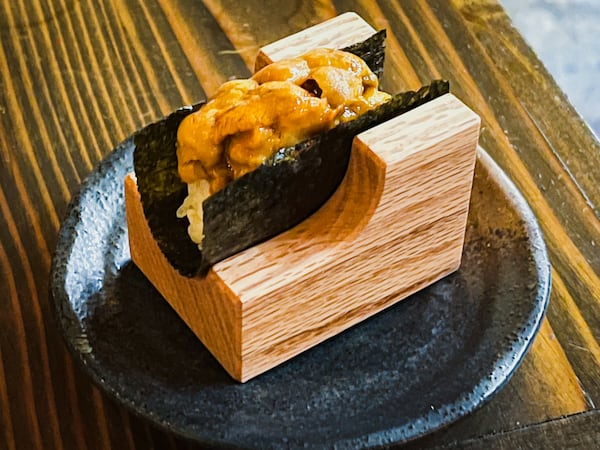 The Hokkaido uni hand roll at Cuddlefish, highlighting the sumptuous, fresh sea urchin.