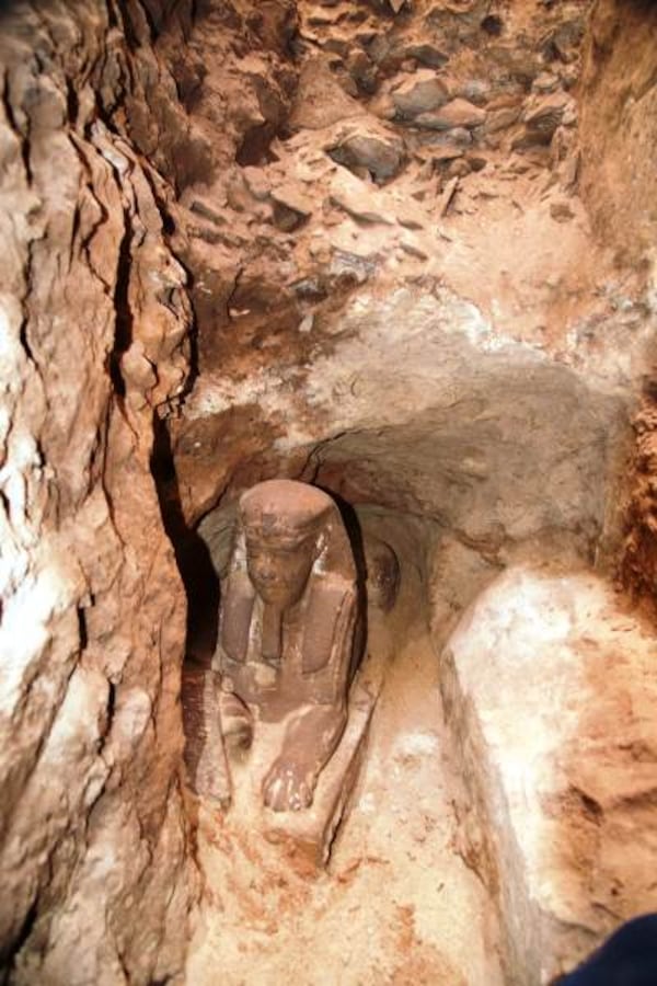 A sphinx, like this one found in a temple in Aswan, Egypt,  is a mythical creature created by the Egyptians with the head of a human man, the body of a lion and sometimes wings. In Greek mythology, a sphinx had the head of a woman.