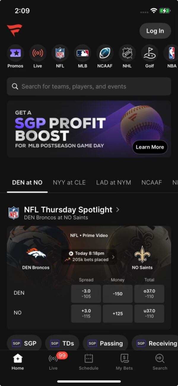 Fanatics Sportsbook App Homepage