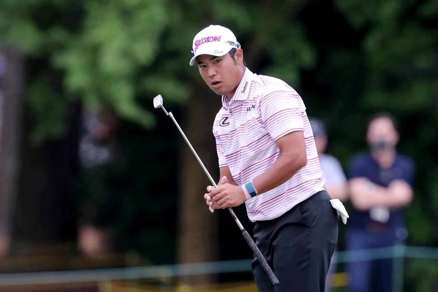 April 9, 2021, Augusta: Hideki Matsuyama reacts as he misses an eagle putt on the fifteenth hole during the second round of the Masters at Augusta National Golf Club on Friday, April 9, 2021, in Augusta. Curtis Compton/ccompton@ajc.com