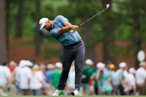 Jon Rahm hits his second shot on the 17th fairway during the practice round for the 2023 Masters Tournament at Augusta National Golf Club, Tuesday, April 4, 2023, in Augusta, Ga. Jason Getz / Jason.Getz@ajc.com)
