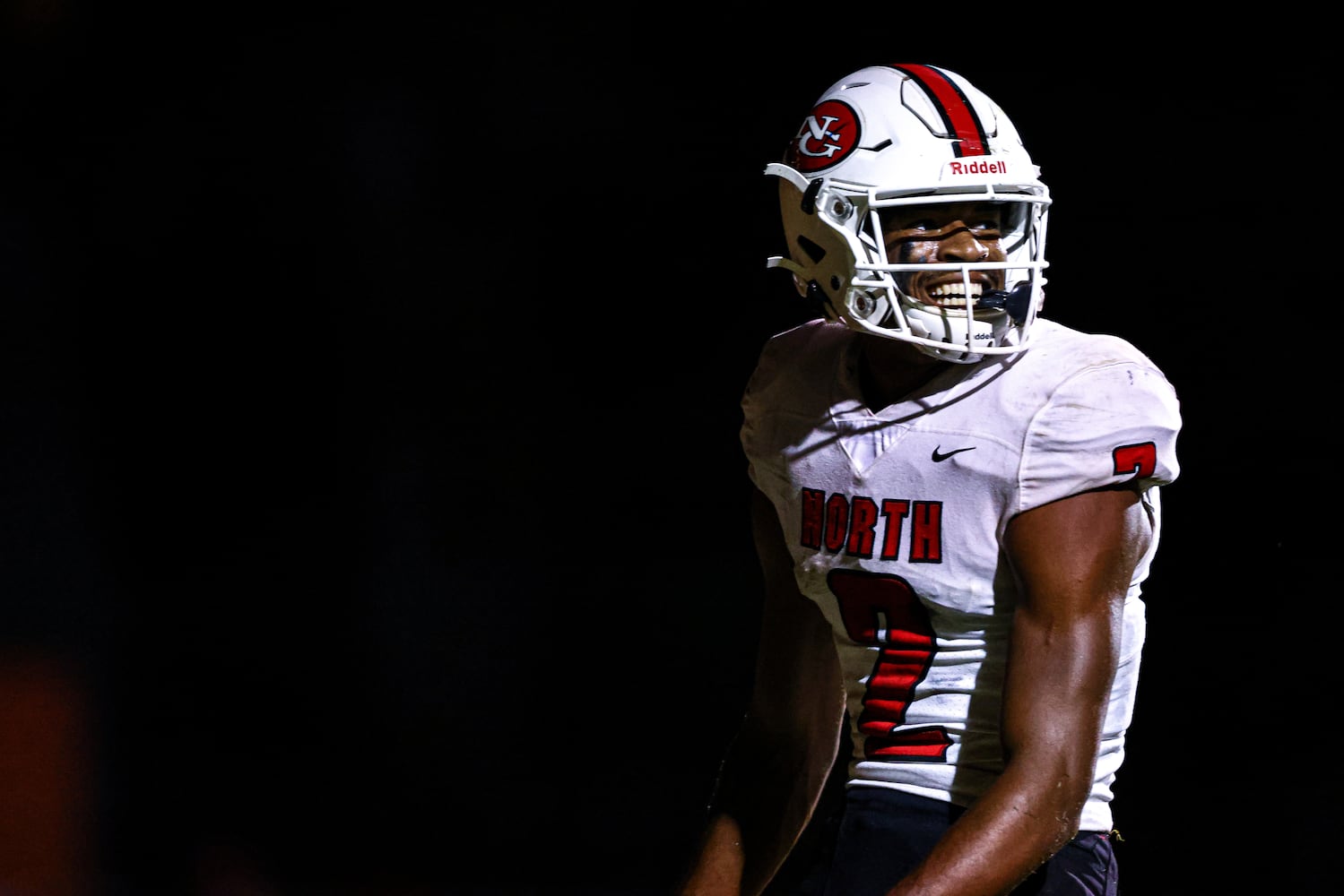 North Gwinnett quarterback Ethan Washington (2) smiles after rushing into the end zone for a touchdown during a GHSA 7A high school football game between the North Gwinnett Bulldogs and the Parkview Panthers at Parkview High School in Lilburn, Ga., on Friday, Sept. 3, 2021. (Casey Sykes for The Atlanta Journal-Constitution)