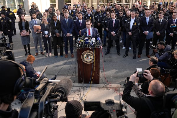 DEA special agent Frank Tarantino II, center front, speaks at a news conference outside the federal courthouse in the Brooklyn borough of New York, Friday, Feb. 28, 2025, following the arraignment of Cartel leaders Rafael Caro Quintero and Vicente Carrillo Fuentes. (AP Photo/Seth Wenig)