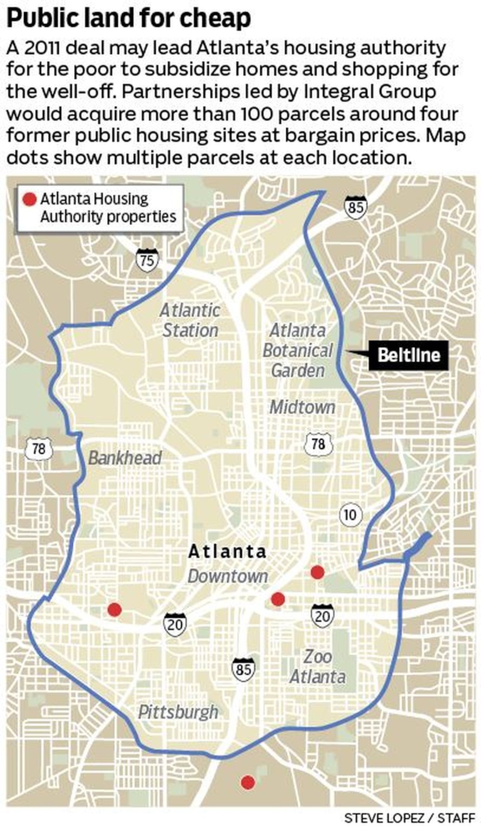 A land deal cut by Atlanta Housing Authority in 2011 gives over control over tens of millions of dollars worth of the agency’s land for the poor to a developer at bargain basement prices. None of it is planned for affordable housing. These are the locations of the properties.