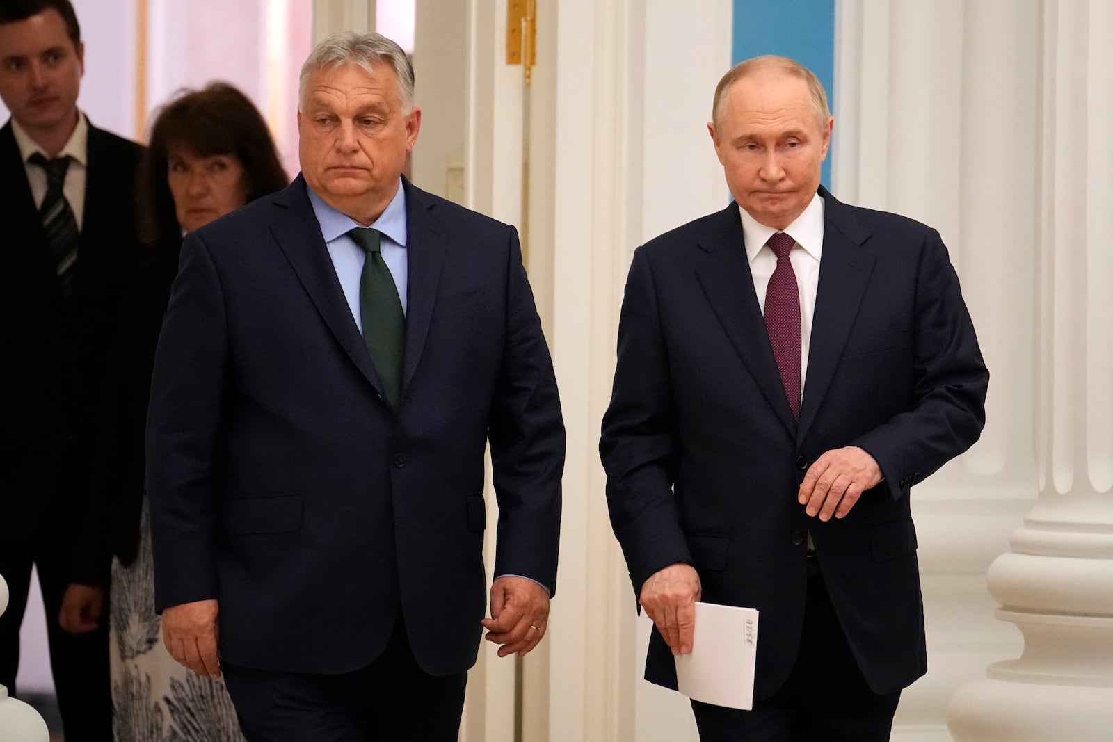 FILE - Russian President Vladimir Putin, right, and Hungarian Prime Minister Viktor Orban enter a hall to attend a joint news conference following their talks in the Kremlin in Moscow, Russia, on July 5, 2024. (AP Photo/Alexander Zemlianichenko, File)