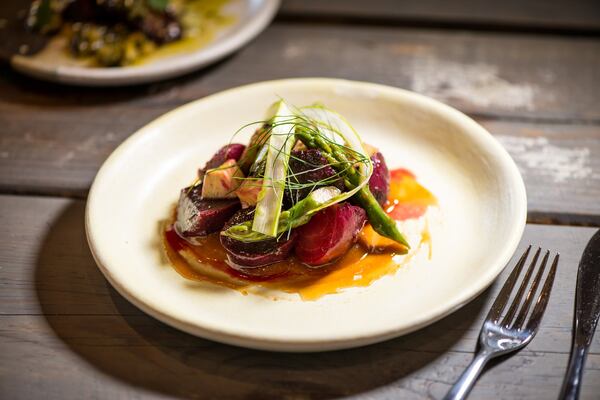 Coal Roasted Beets with avocado, chili agrodolce, peach, and asparagus. Photo credit- Mia Yakel.