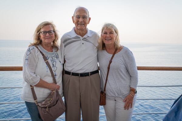 Aegean Odyssey with Road Scholar travel company's Great Global Get-Together: A Celebration of the Greek Islands, Monemvasia, Dad William Susie (center) with daughters Kimberly Davis (right) and Laureen Dover (left).