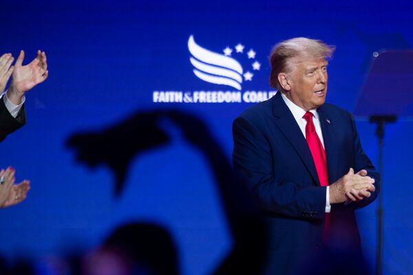 Former President Donald Trump speaks during the Faith & Freedom Coalition Policy Conference in Washington, Saturday, June 24, 2023. One year after the Supreme Court overturned Roe v. Wade, Trump reminded a gathering of evangelical activists in the nation’s capital how he had shaped the court’s conservative supermajority that ended 50 years of constitutional protections for abortion. (Pete Marovich/The New York Times)