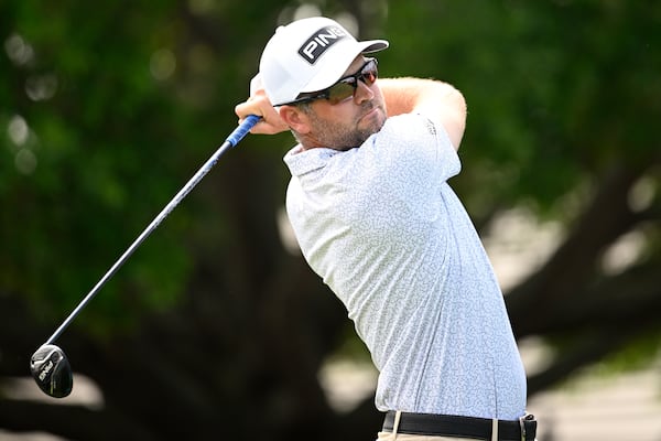 Corey Conners, of Canada, tees off on the first hole during the third round of the Arnold Palmer Invitational at Bay Hill golf tournament, Saturday, March 8, 2025, in Orlando, Fla. (AP Photo/Phelan M. Ebenhack)