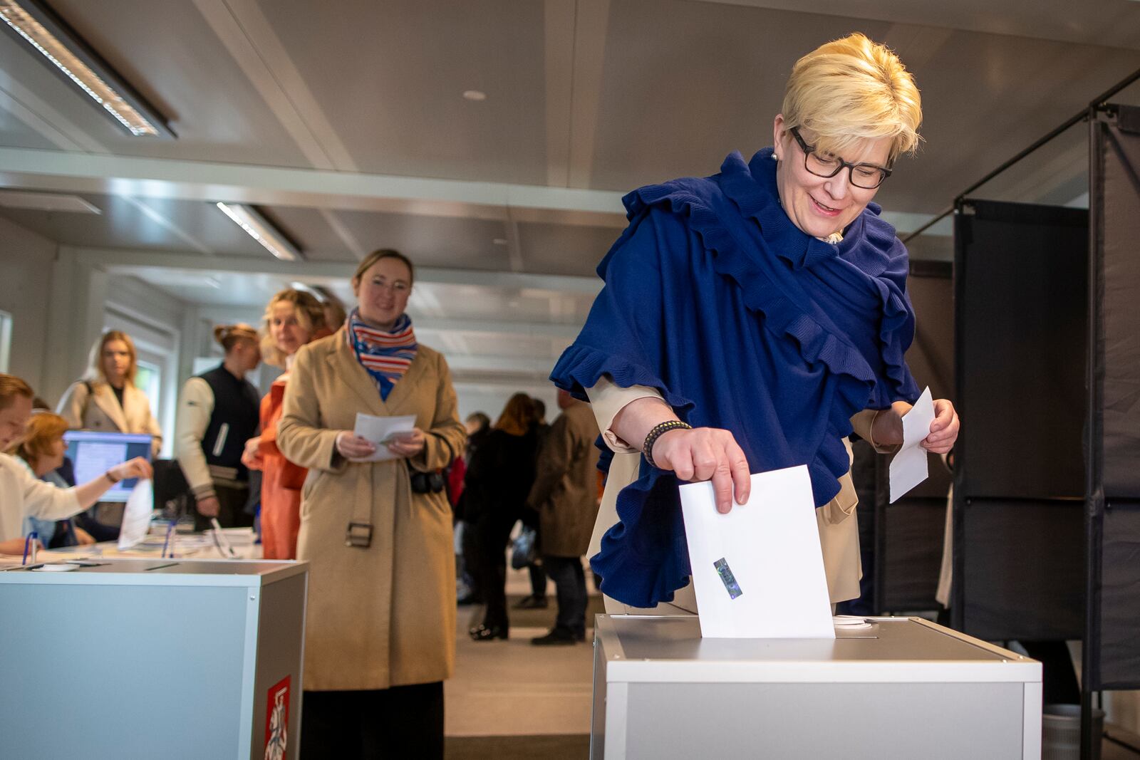 FILE - Lithuania's Prime Minister Ingrida Simonyte, a presidential candidate, casts her vote at a polling station during the advance presidential elections in Vilnius, Lithuania, Thursday, May 9, 2024. (AP Photo/Mindaugas Kulbis, File)