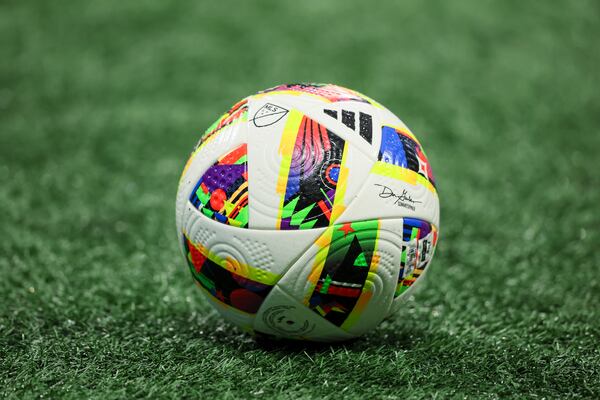 A MLS soccer ball is shown during Atlanta United training camp at Mercedes-Benz Stadium, Tuesday, January 16, 2024, in Atlanta. (Jason Getz / Jason.Getz@ajc.com)