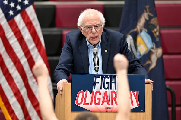 Sen. Bernie Sanders, I-Vt., speaks during a "Fighting Oligarchy: Where We Go From Here" event Saturday, March 8, 2025 at Lincoln High School in Warren, Mich. (AP Photo/Jose Juarez)