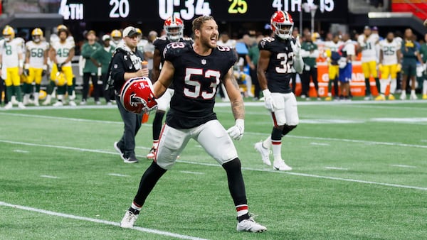 Falcons linebacker Nate Landman (53) races after the Falcons took position of the ball in the last seconds of the game. The Falcons rallied from behind to beat the Green Bay Packers 25-24 at Mercedes-Benz Stadium on Sunday, Sept. 17, 2023, in Atlanta.  Miguel Martinz/miguel.martinezjimenez@ajc.com