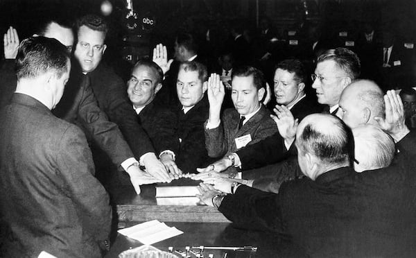 Jimmy Carter (center right) being sworn in to the Georgia State Senate on Jan. 15, 1963. AP 1963