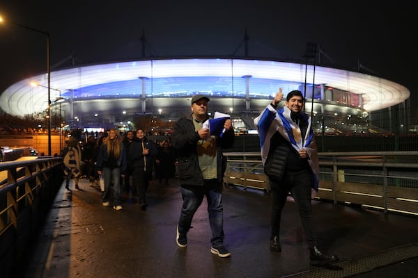 Supporters of Israel leave after the Nations League soccer match France against Israel outside the Stade de France stadium, Thursday, Nov. 14, 2024 in Saint-Denis, outside Paris. (AP Photo/Aurelien Morissard)