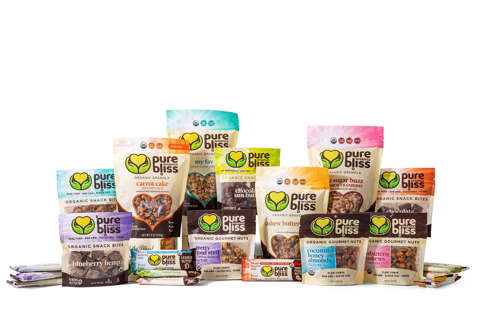 Pure Bliss Organics offers multiple varieties of granola, nut butter bars, nuts and snacks. Courtesy of Pure Bliss Organics