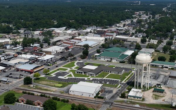 Aerial photograph shows downtown Douglas in Coffee County, Saturday, August 19, 2023. (Hyosub Shin / Hyosub.Shin@ajc.com)