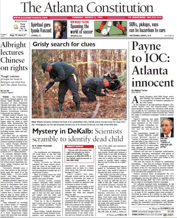 The mystery of the dead child found in DeKalb in the March 2, 1999 Atlanta Constitution has been solved. AJC PRINT ARCHIVES