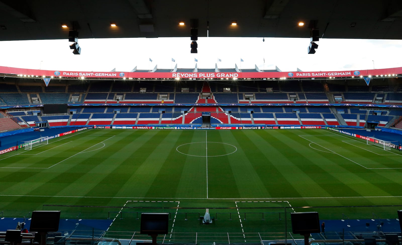 FILE - General View of the Parc des Princes stadium in Paris, France, Monday, Feb. 15, 2016. The Parc des Princes stadium, with 48,000 seats, will be one of the venues of UEFA Euro 2016 soccer tournament which starts on June 10, 2016. (AP Photo/Francois Mori, File)