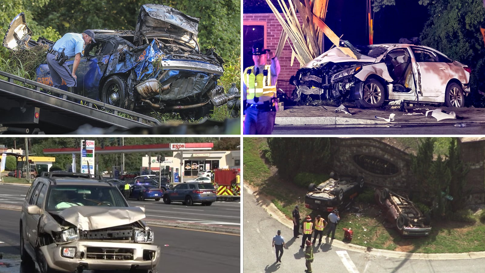 Scenes from the aftermath of crashes involving Georgia State Patrol pursuits, clockwise from top left: on Bolton Road (September 1, 2020); on Martin Luther King, Jr. Drive (April 18, 2024); in Hall County (June 17, 2020); and in DeKalb County (Oct. 14, 2023). (top photos: John Spink/AJC; bottom photos: Channel 2 Action News)