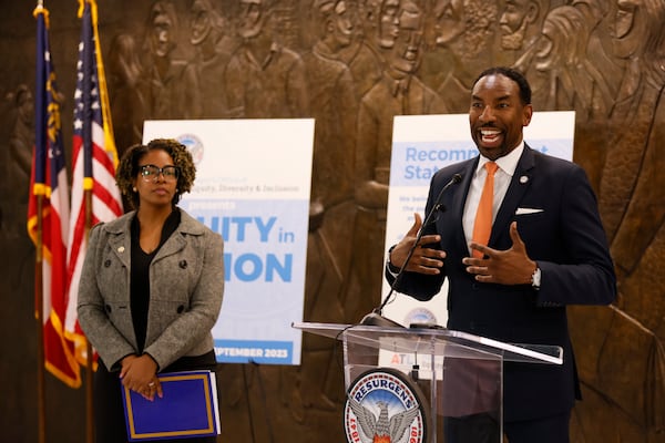 Atlanta Mayor Andre Dickens speaks during a press conference at the City Hall where the city presented to the public the new language guide from the Office of Equity, Diversity, and Inclusion on Thursday, Sep. 7, 2023, in Atlanta

Miguel Martinez /miguel.martinezjimenez@ajc.com