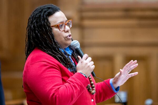 State Sen. Kim Jackson, D-Stone Mountain, speaks on Senate Bill 63, regarding bonds and bails, in the Senate at the Capitol in Atlanta on Thursday, February 1, 2024. (Arvin Temkar/arvin.temkar@ajc.com)